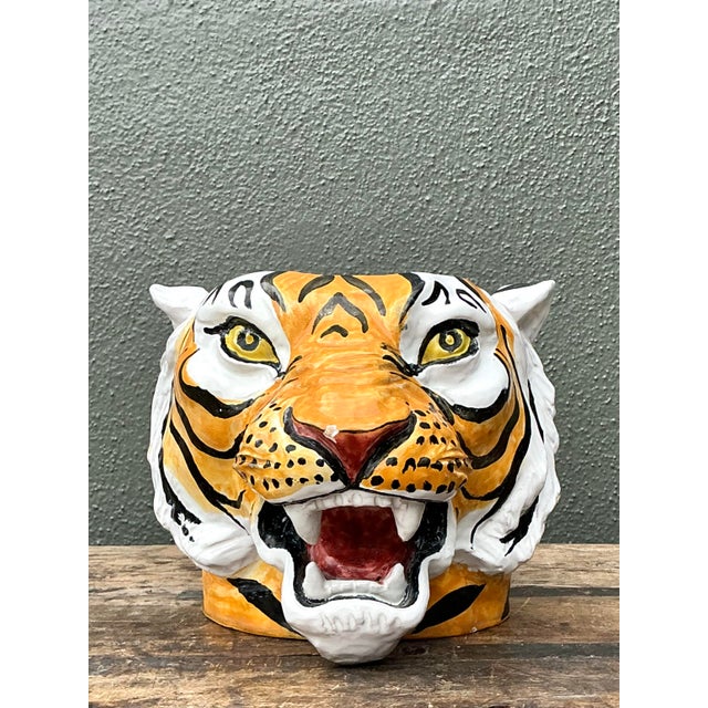 Hollywood Regency Vintage Italian Hand Painted Tiger Cache Pot For Sale - Image 3 of 12