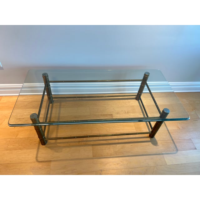 1970s Faux Bamboo Aged Brass and Beveled Glass Coffee Table Attributed to Mastercraft For Sale - Image 12 of 13