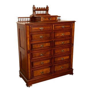 Antique American Burl Walnut Lock Side Eastlake Highboy Chest of Drawers 1870 For Sale