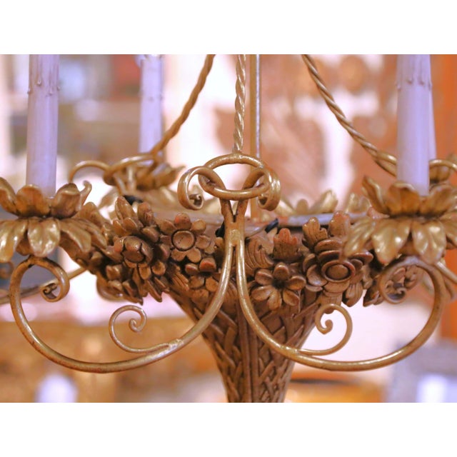 Mid-Century French Louis XVI Giltwood Six-Light Basket Floral Chandelier For Sale - Image 9 of 10