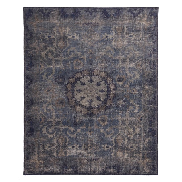 Navy and Smoke Blue Wool Rug From Rk Distressed Collection For Sale In New York - Image 6 of 6