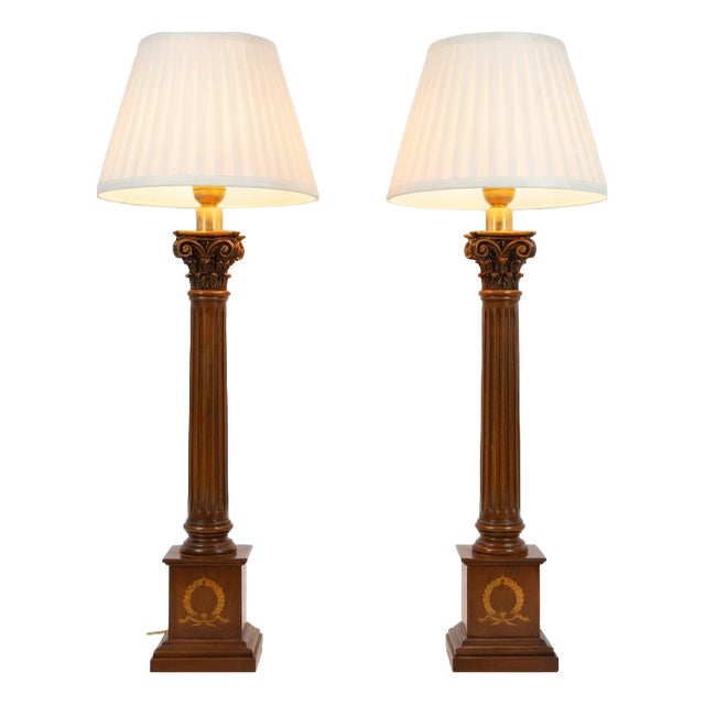 Neoclassical Wooden Fluted Column Table Lamps, 1960s, Set of 2 For Sale