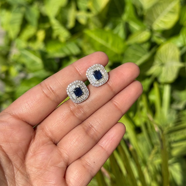 Postmodern Blue Sapphire & Diamond Art Deco Earrings in 14k Gold- 2 Pieces For Sale - Image 3 of 14