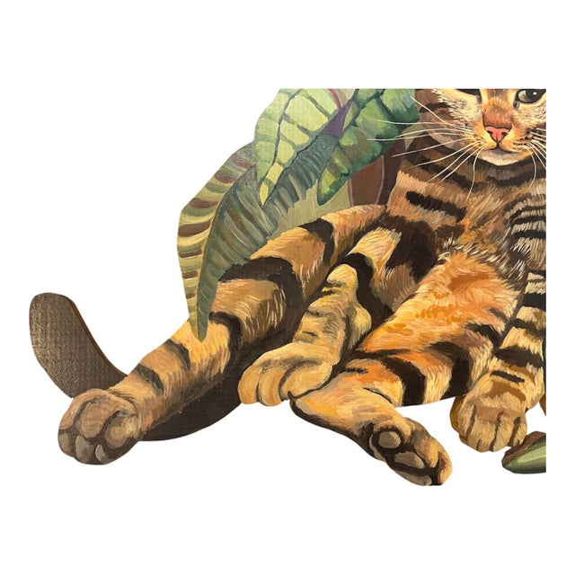 Original artwork by Chicago artist, Nancy Weinberg (1922-2020), 1991. Large tabby cat reclining in plants painted on cut...