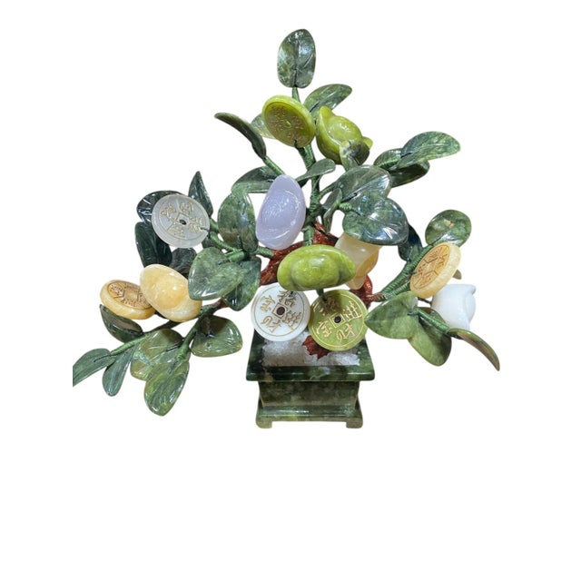 2000 - 2009 Vintage Carved Jade Color Soap Stone Bonsai Lucky Money Tree 11" H For Sale - Image 5 of 10