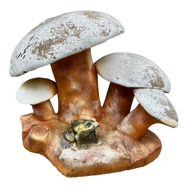 Cast Stone Mushroom Toadstool Garden Sculpture With Frog For Sale