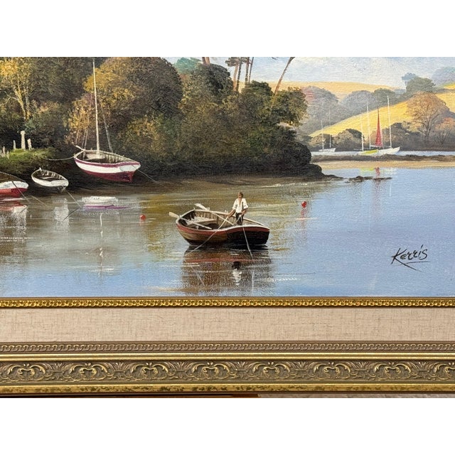 Textile Painting of Church in Cornwall on the English South Coast with Figures & Boats 1985 Circa For Sale - Image 7 of 16