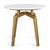 Round white marble top side table with four brass finish iron legs. Each may vary in natural marble differences.