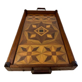 1930’s Inlay Tray With Wood Handles and Removable Glass. For Sale