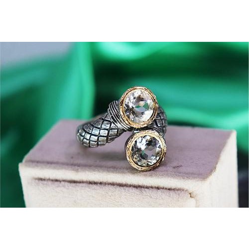 Gold and Silver Ring with Reliefs and Two Brilliant-Cut Zirconias For Sale - Image 9 of 9