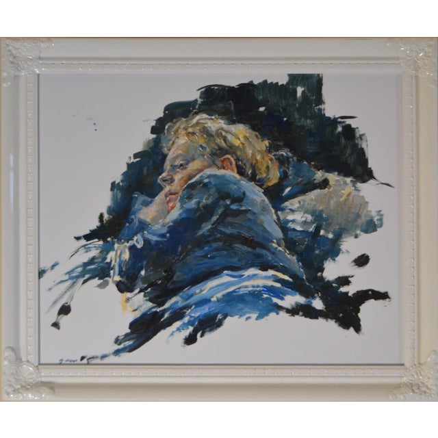 The artwork depicts a contemplative figure reclining against a dark, textured background, evoking a sense of introspection...