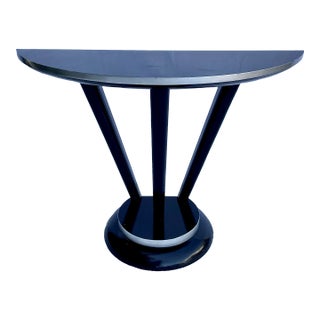 1980s Postmodern Black Lacquer Art Deco Demi-Lune Console Table For Sale