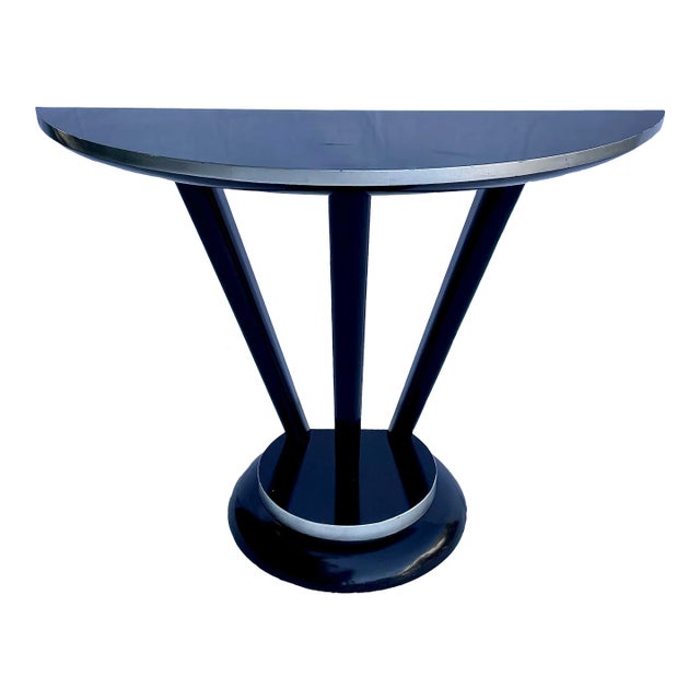 1980s Postmodern Black Lacquer Art Deco Demi-Lune Console Table For Sale