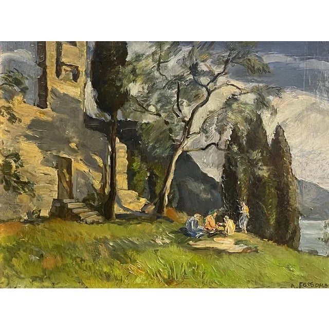 Oil on panel, landscape with figures, 20th century, Fossombrone This elegant panel painting depicts a landscape with...