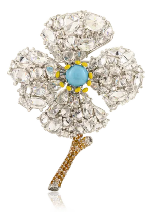 Floral Art Nouveau Convertible Brooch/Pendant With Turquoise Center and Cz Stem in Silver