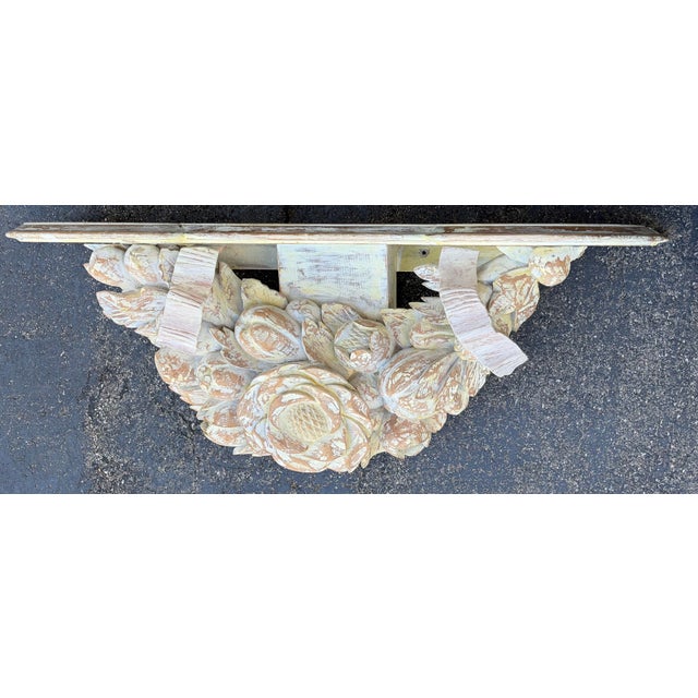 Large Hand-Carved Distressed Wood Floral Wall Shelf Corbel Console French Country Style For Sale - Image 9 of 11