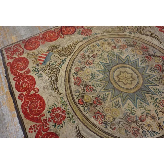 Textile Magistral Tan Beige Color With Floral and Geometric Design Antique American Hooked Rug For Sale - Image 7 of 15