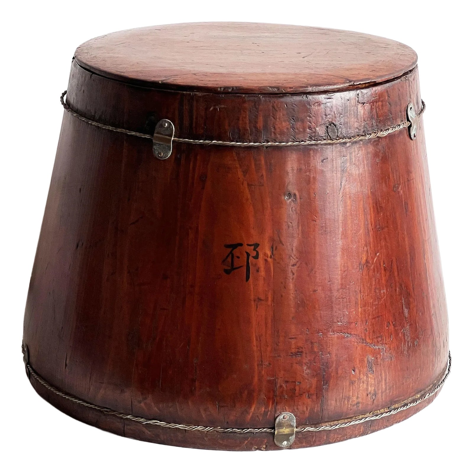 Antique Chinese Wooden Grain Bucket With Hand-Painted Calligraphy, Late Qing Dynasty