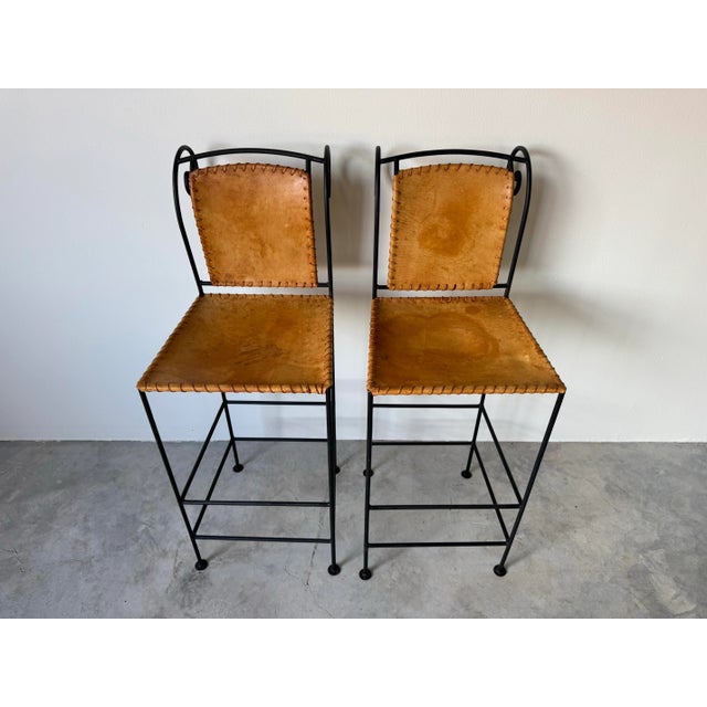 Pair of Vintage Spanish Style Wrought Iron & Leather Barstools For Sale - Image 4 of 11