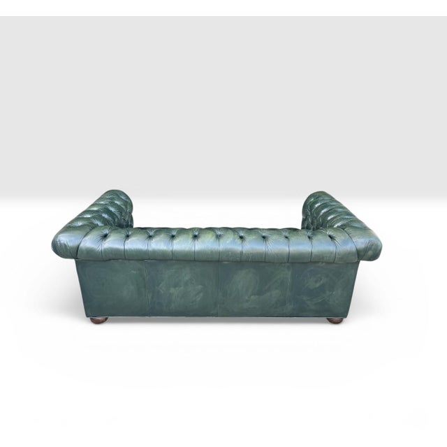 Wood 1960s Classic English Traditional Chesterfield Sofa in Rich Dark Green Leather- Brass Nail Head Trim For Sale - Image 7 of 11