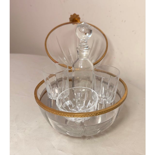 French Vintage Handmade French Gilt Brass Cut Crystal Caviar Egg Caddy Jar Bar Set For Sale - Image 3 of 13
