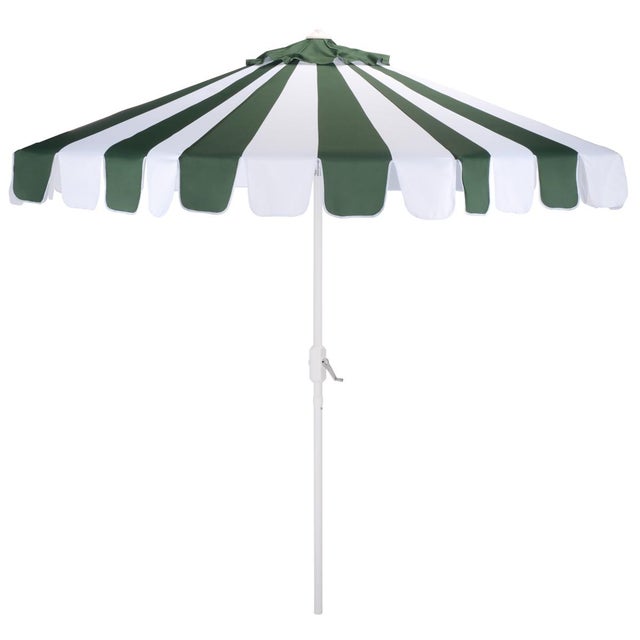 Meze 9 Ft Crank Umbrella, Green Cabana Stripe/White Pole For Sale - Image 9 of 9