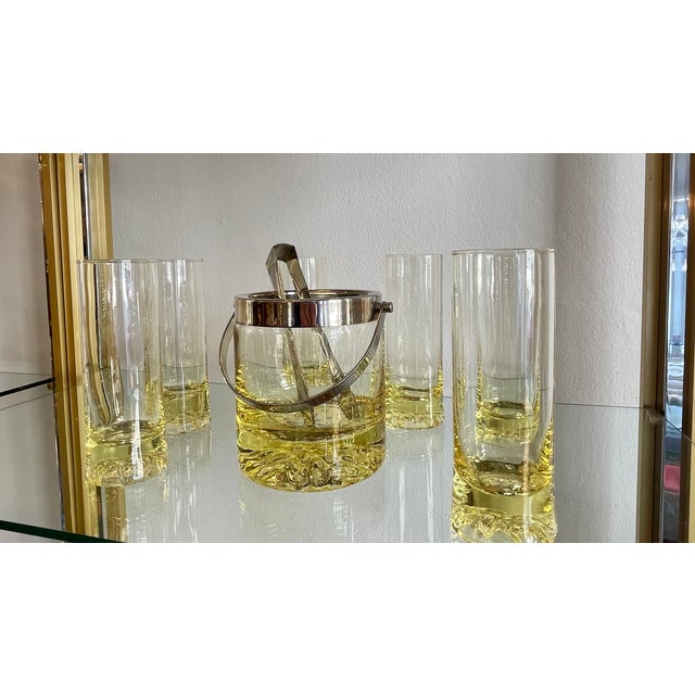Highball Glasses and Ice Bucket Cocktail Set in Mouth-Blown, Yellow Crystal Glass, 1970s, Set of 7 For Sale - Image 3 of 6