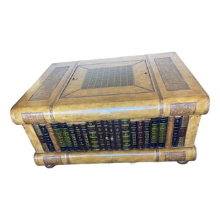 1990s Maitland-Smith Leather Stacked Books Game Table / Trunk Coffee Table With Backgammon & Checkers Board For Sale