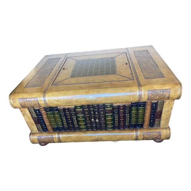 1990s Maitland-Smith Leather Stacked Books Game Table / Trunk Coffee Table With Backgammon & Checkers Board For Sale