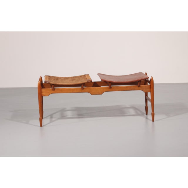 Mid-Century Italian Wooden Bench with Sisal Rope and Cognac Leather Seat, 1960s For Sale - Image 6 of 14