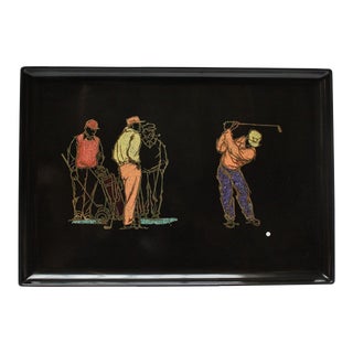 Large Mid-Century Black Resin Inlaid "Golfers" Tray by Couroc For Sale