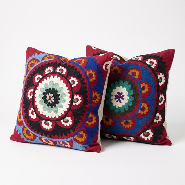 This beautiful 22'' x 24'' & 23'' x 27'' hand-embroidered Suzani pillow cover set was made from authentic Uzbek cotton...