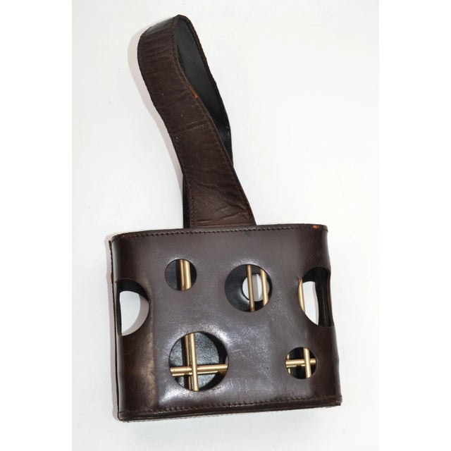 Jacques Adnet French Leather & Brass Three Bottle Holder Wine Caddy For Sale In Miami - Image 6 of 11