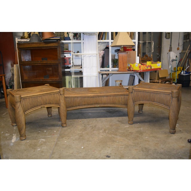 1980s Vintage Ikat Pacific Set of 3 Tan Brown Split Pencil Reed Bamboo Coffee & Side Tables For Sale - Image 13 of 13