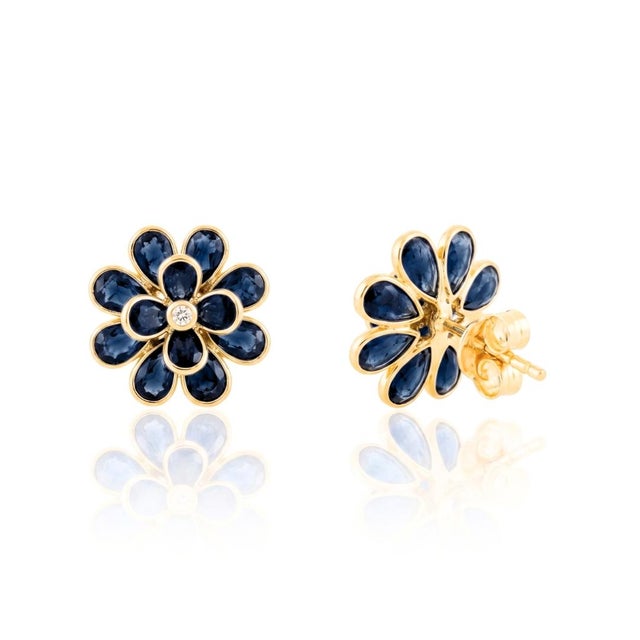 Not Yet Made - Made To Order 18k Yellow Gold Deep Blue Sapphire Floral CLuster Earrings With Diamonds- A Pair For Sale - Image 5 of 9