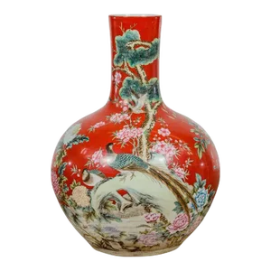 Kendi Style Midcentury Red Porcelain Vase with Hand-Painted Birds and Flowers