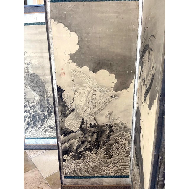 Rare Japanese Floor Screen of Perched Eagles Soga Shohaku Edo period For Sale - Image 4 of 12