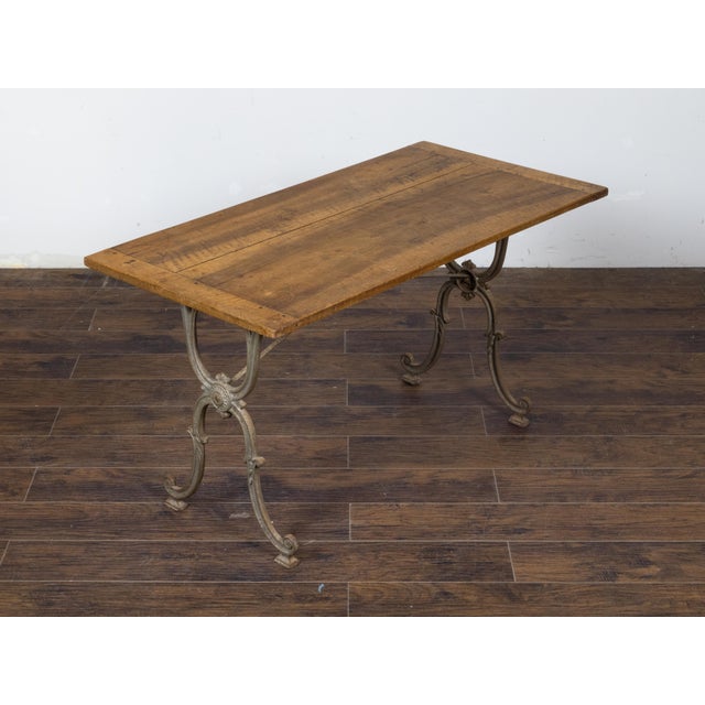 Early 20th Century French 1900s Steel and Wood Console Table with Curving X-Form Legs and Stretcher For Sale - Image 5 of 12