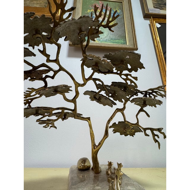 Stone Vintage Signed Bijan Brass Bonsai Tree Sculpture, Deer Family, Marble Base For Sale - Image 7 of 11