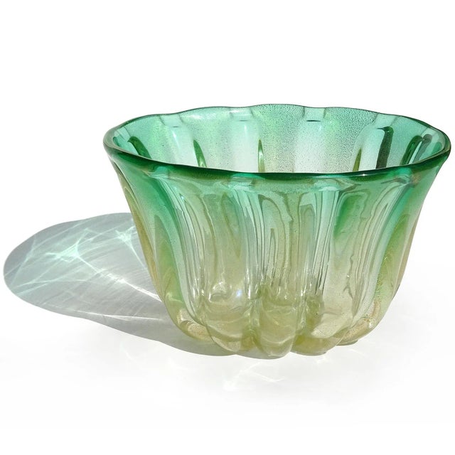 Murano Vintage Midcentury Murano Gold Flecks Green Sommerso Italian Art Glass Decorative Bowl Vase For Sale - Image 4 of 5