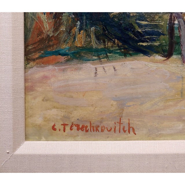 1960s Constantin Terechkovitch -Lonely Woman Sitting at a Garden Bench -Russian Impressionist Oil Painting For Sale - Image 5 of 8