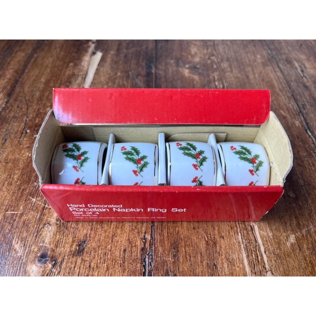 Set of 4 Vintage Christmas Holly Porcelain Napkin Rings, Napkin Holder with Original Box Made in Japan Hand decorated...