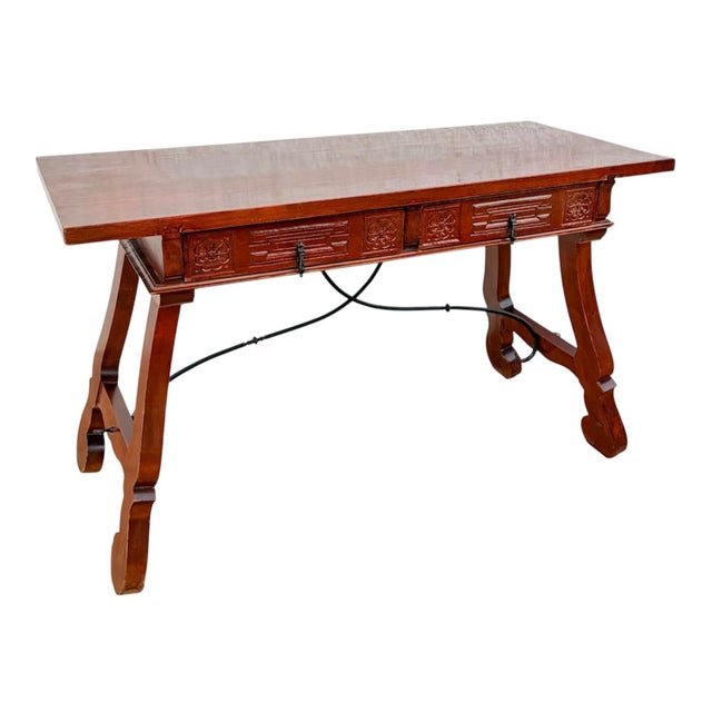 Spanish Baroque Style Carved Wooden Console Table with Wrought Iron Stretcher, 1930 For Sale - Image 10 of 10