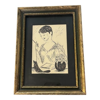 Vintage 1980’s Black Ink Drawing Cat Lady, Framed For Sale