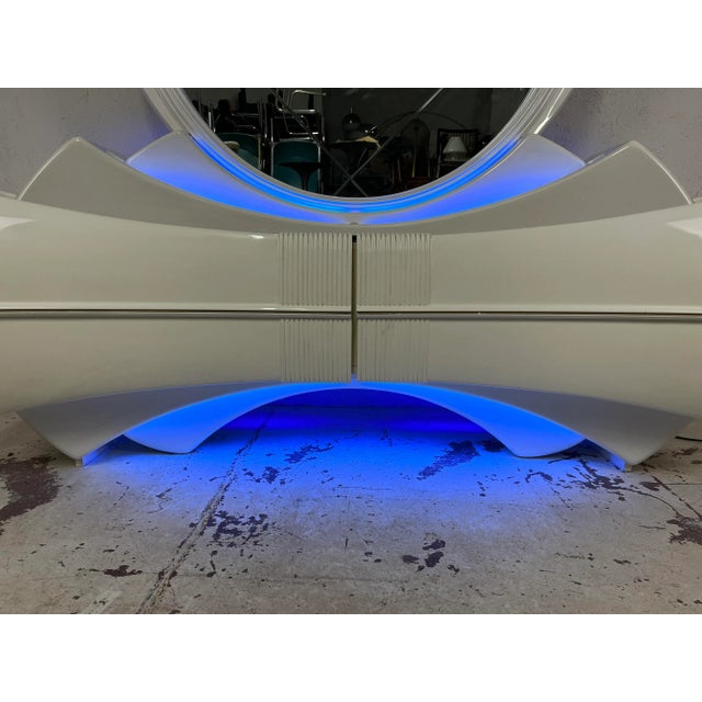 Chest of drawers with 4 drawers with large mirror, in wood and backlit fiberglass in wonderful space age style, made by...