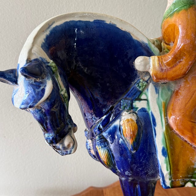 Large and rare vintage drip-glazed terracotta pottery Tang Dynasty-style horse figure with a rare rider. Handmade and...