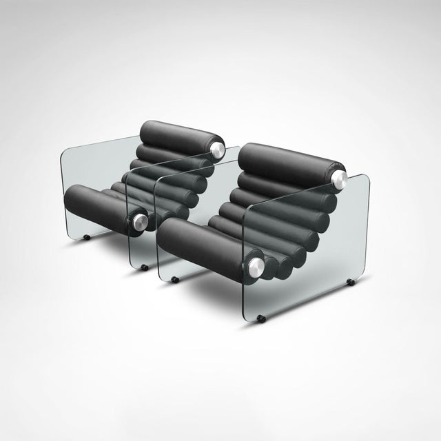 Black Leather and Glass Hyaline Armchairs by Fabio Lenci for Comfortline, Italy, 1960s, Set of 2 For Sale - Image 8 of 8