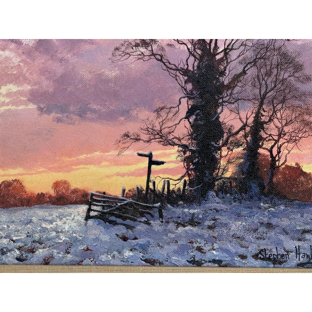 Winter Sunset with Snow - Pink, Orange & Purple Sky in the English Countryside 1987 For Sale - Image 6 of 9