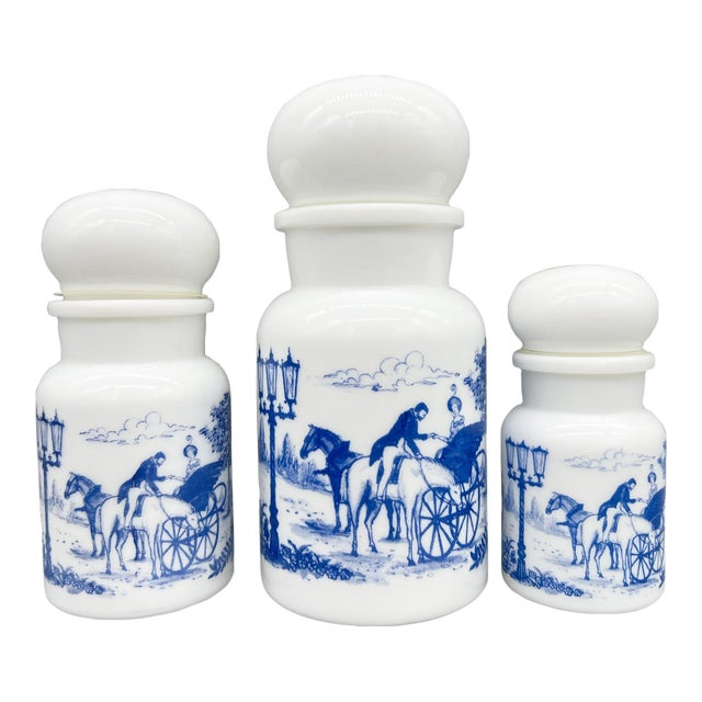 1970's Set of 3 Belgian Blue and White Milk Glass Apothecary Jars With Transferware Equestrian Scenes – Victorian / English Country For Sale