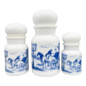 1970's Set of 3 Belgian Blue and White Milk Glass Apothecary Jars With Transferware Equestrian Scenes – Victorian / English Country